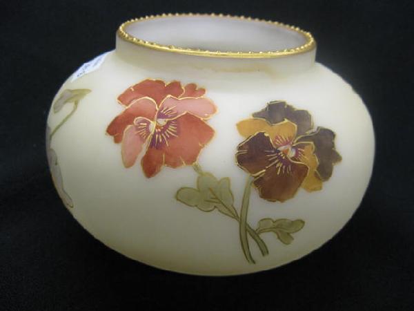 Smith Brothers Victorian Art Glass Vase,: satin, handpainted pansy decor, gold banded rim, signed, 5 1/2", excellent.
