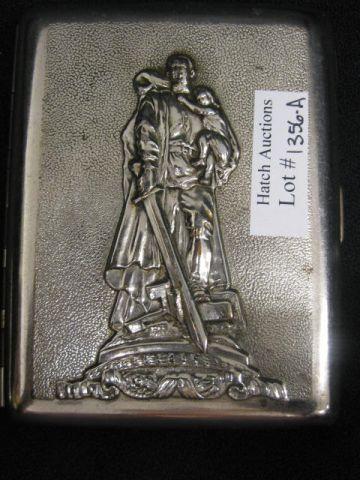 European Cigarette Case, "Victory, 1945",: soldier & chid, 3 1/4" x 4 1/8", silver on brass.