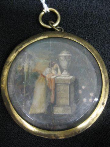 18th Century Miniature on Ivory of Young: maiden in the garden, weeping, near van, marked Amitie of Amour", 2" diameter, some dryness cracking.