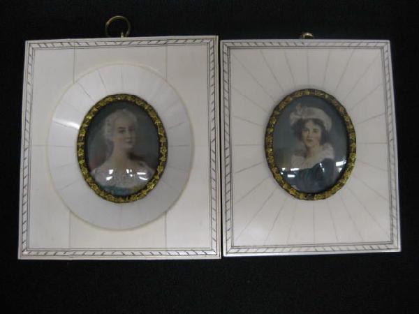 Pair of Victorian Miniature Paintings on Ivory,: young ladies, each oval, approx, 1 1/2" x 2" in ivory frames.