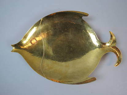 Rena Rosenthal Vienna Austria Fish Dish,: figural brass with a copper eye, hand hammered, 9 1/2" X 14", signed, excellent.............Rena Rosenthal (1880â€“1966) was a trend-setting American retailer and businesswoman. Known principally