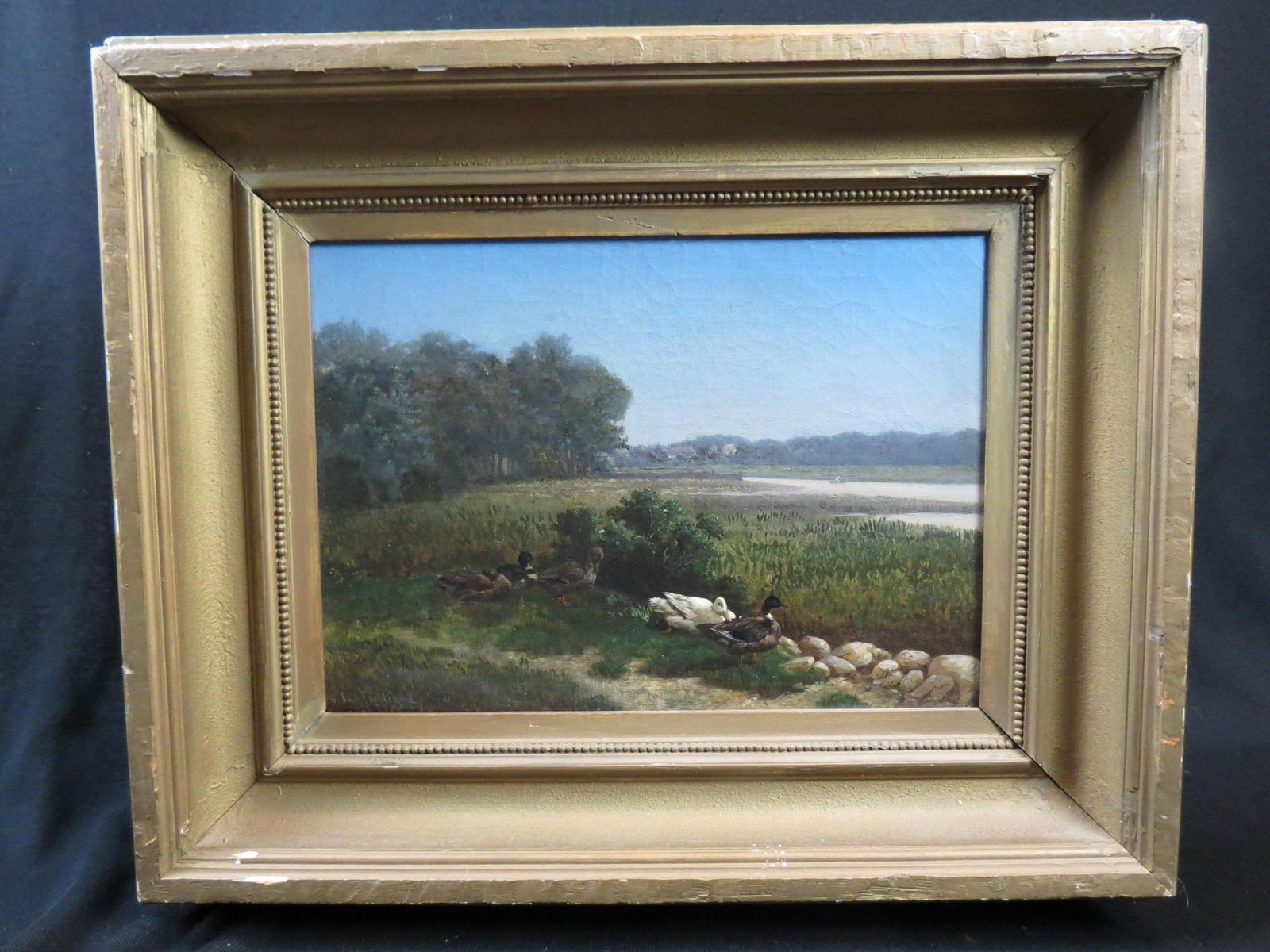 Leon Julliard, oil, Landscape with Ducks,: Philadelphia address on canvas, circa 1890, image area 10" X 14" plus frame.