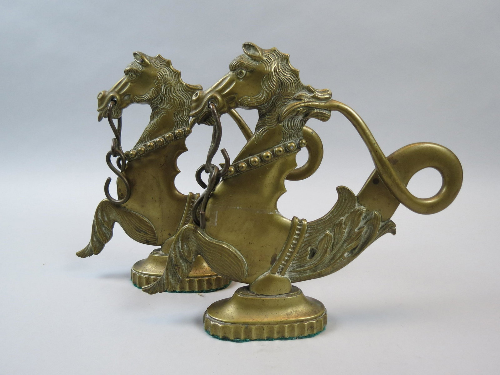 Pair of Brass Venetian Figural Gondola Brackets,: Hippocampus form, 10" X 11".
