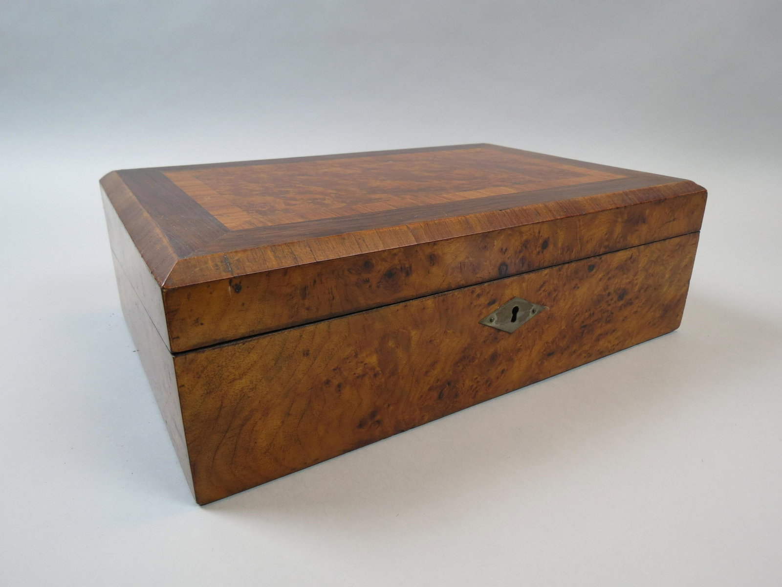 Victorian Travel Lap Desk,: burl trim, 13" X 9" X 4 1/2", locking, with key.