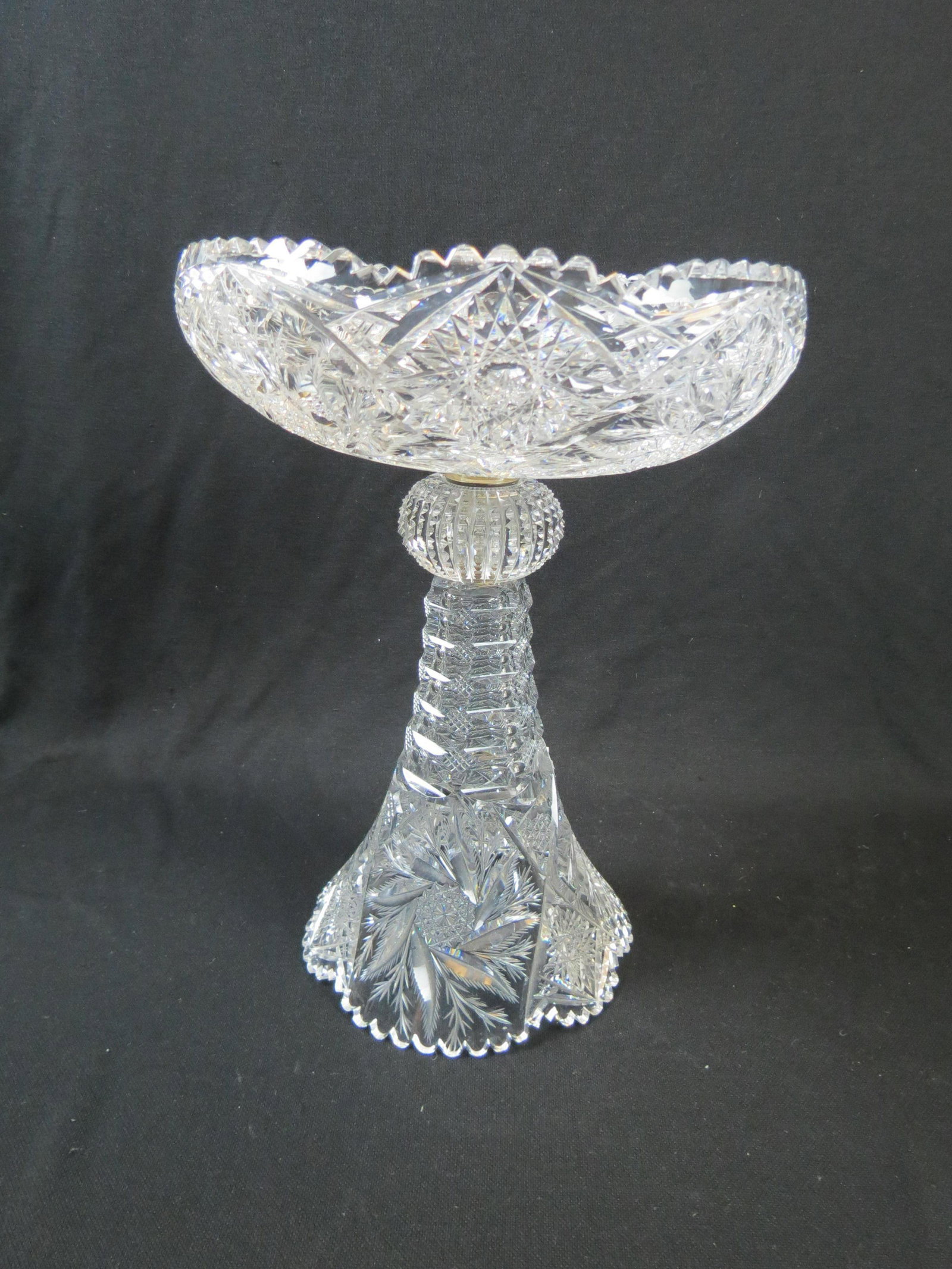 Brilliant Period Cut Glass 2 pc. Centerpiece,: compote, unusual feathered pinwheels in horseshoe style medallions, step cut and knob on base, fold in style 10 1/4" diameter bowl. 14 1/2" tall.