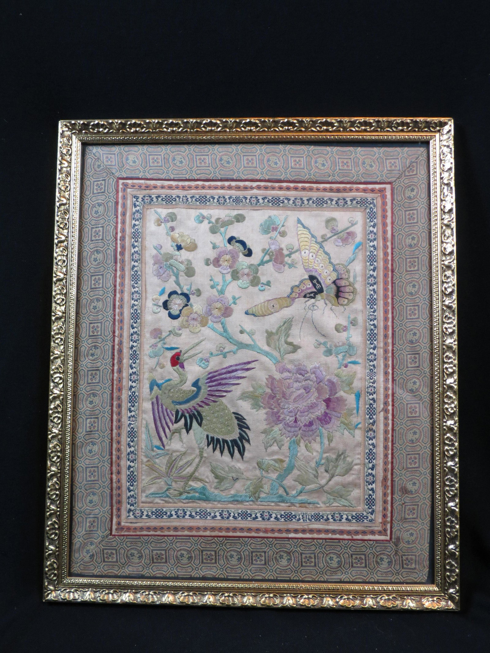 Antique Chinese Silk Embroidery with Butterfly,: crane and flowers, approx. 10 1/2" X 13 1/2" plus silk mat and gold frame.