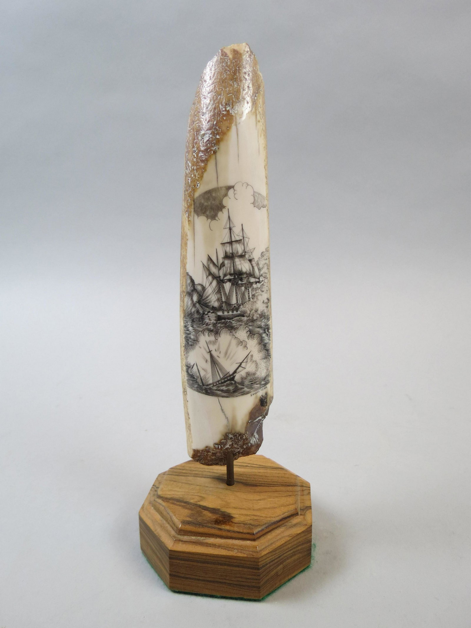Scrimshaw Fossilized Tooth with Sailing Ships,: by Sandra Ogata, 7" long plus wood base, excellent.