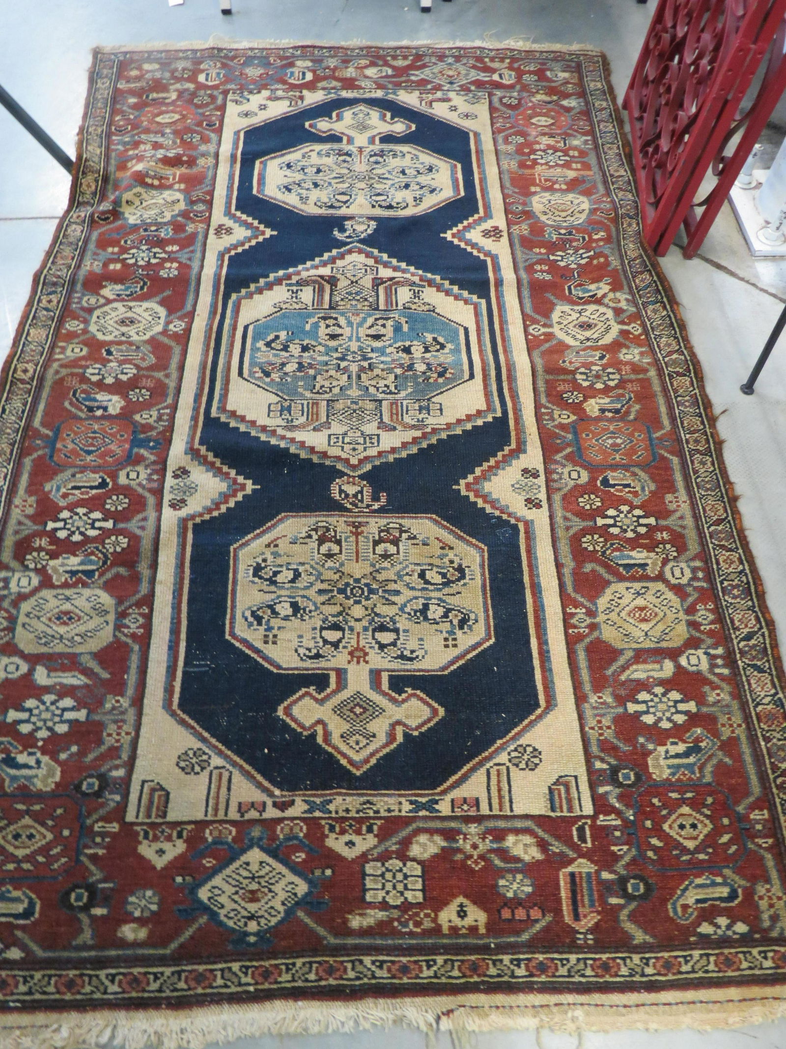 Antique Hamadan Persian Handmade Rug,: a trio of medallions on deep blue field, browns and tans around, 3'8" X 6'4".