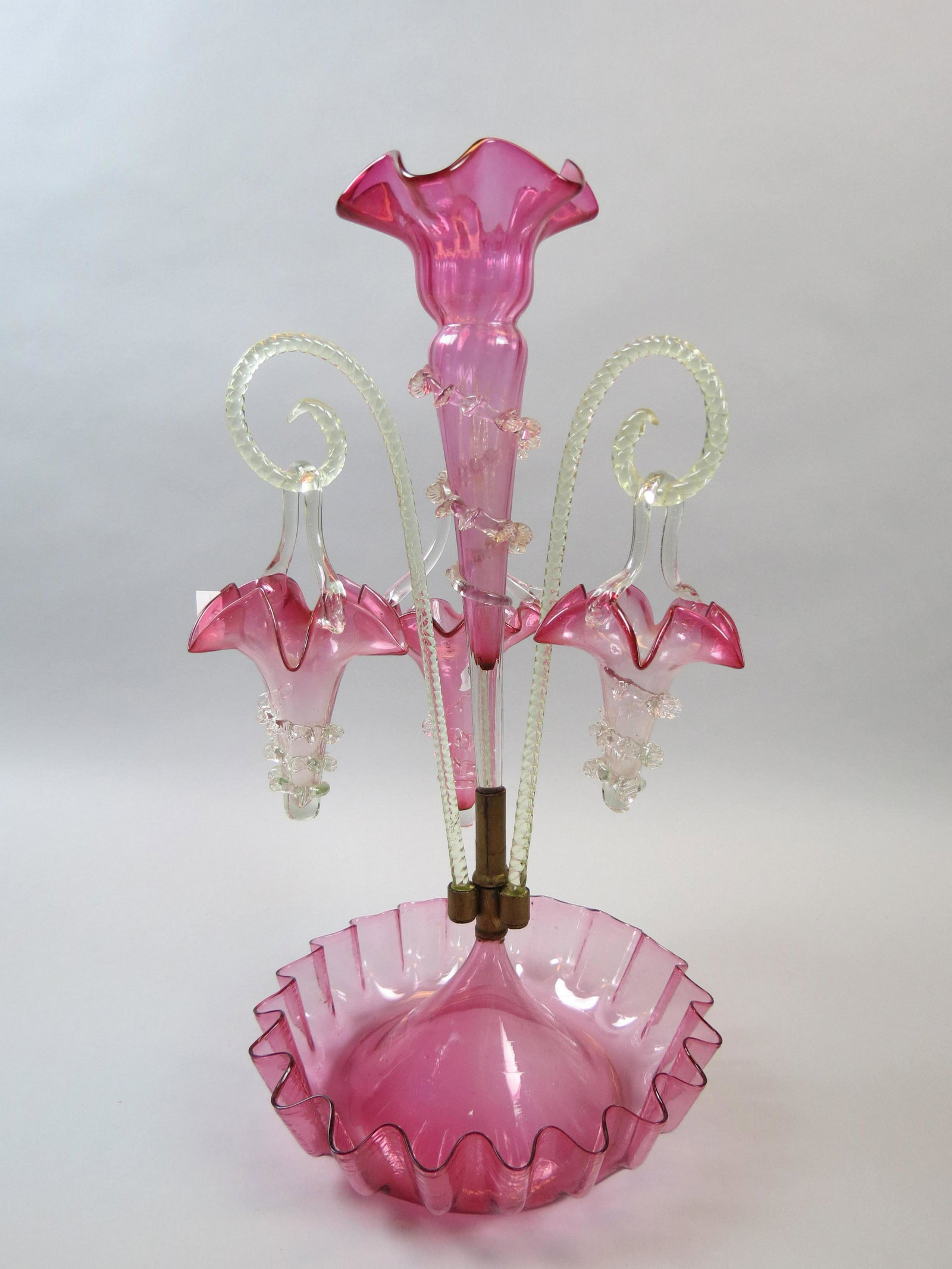 Victorian Cranberry Art Glass Epergne,: with hanging baskets around central lily, 19" tall, 10" bowl.