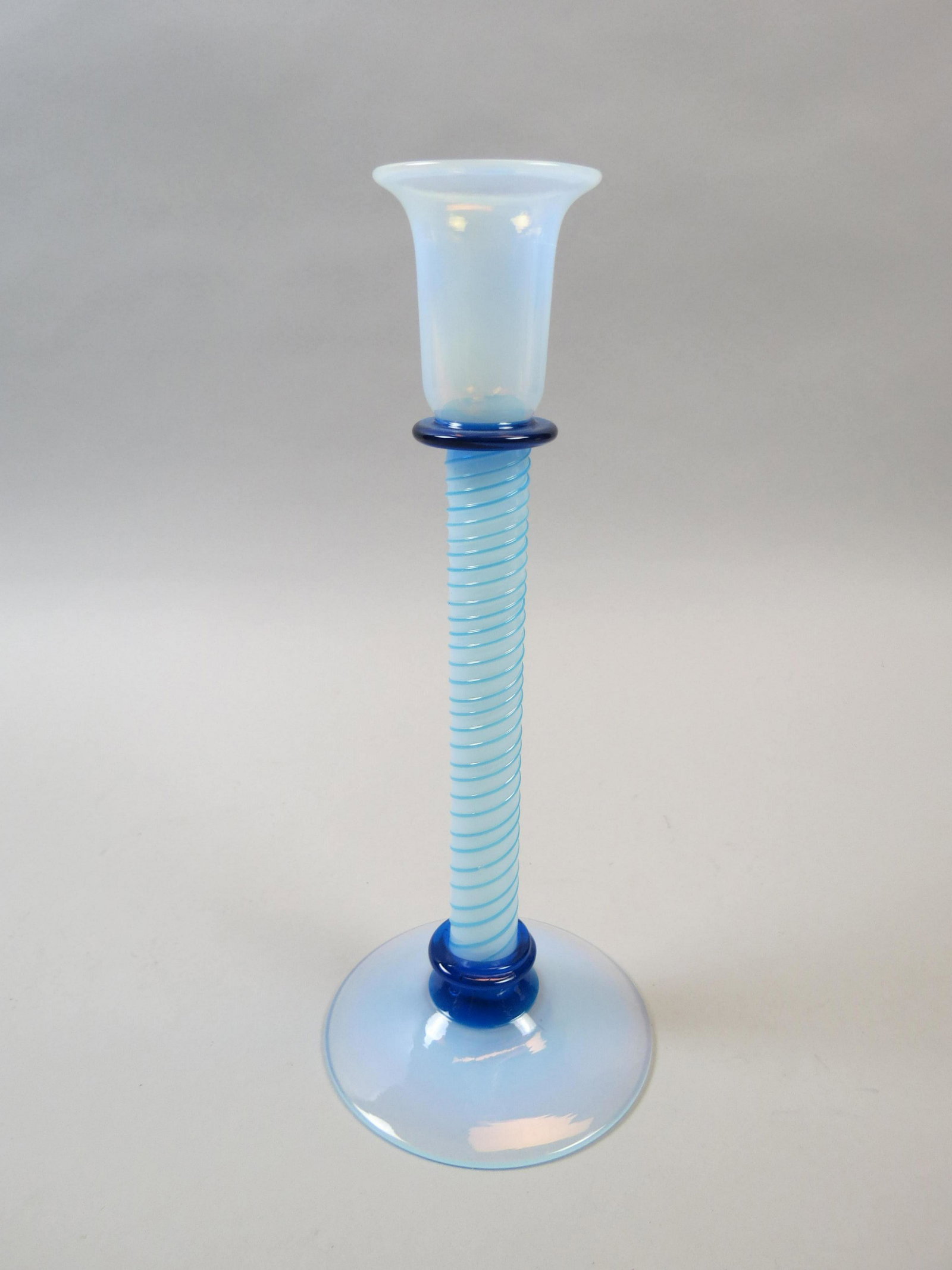 Fry Art Glass Candlestick "Foval",: blue threaded design, 10 3/4" tall, unsigned, excellent.