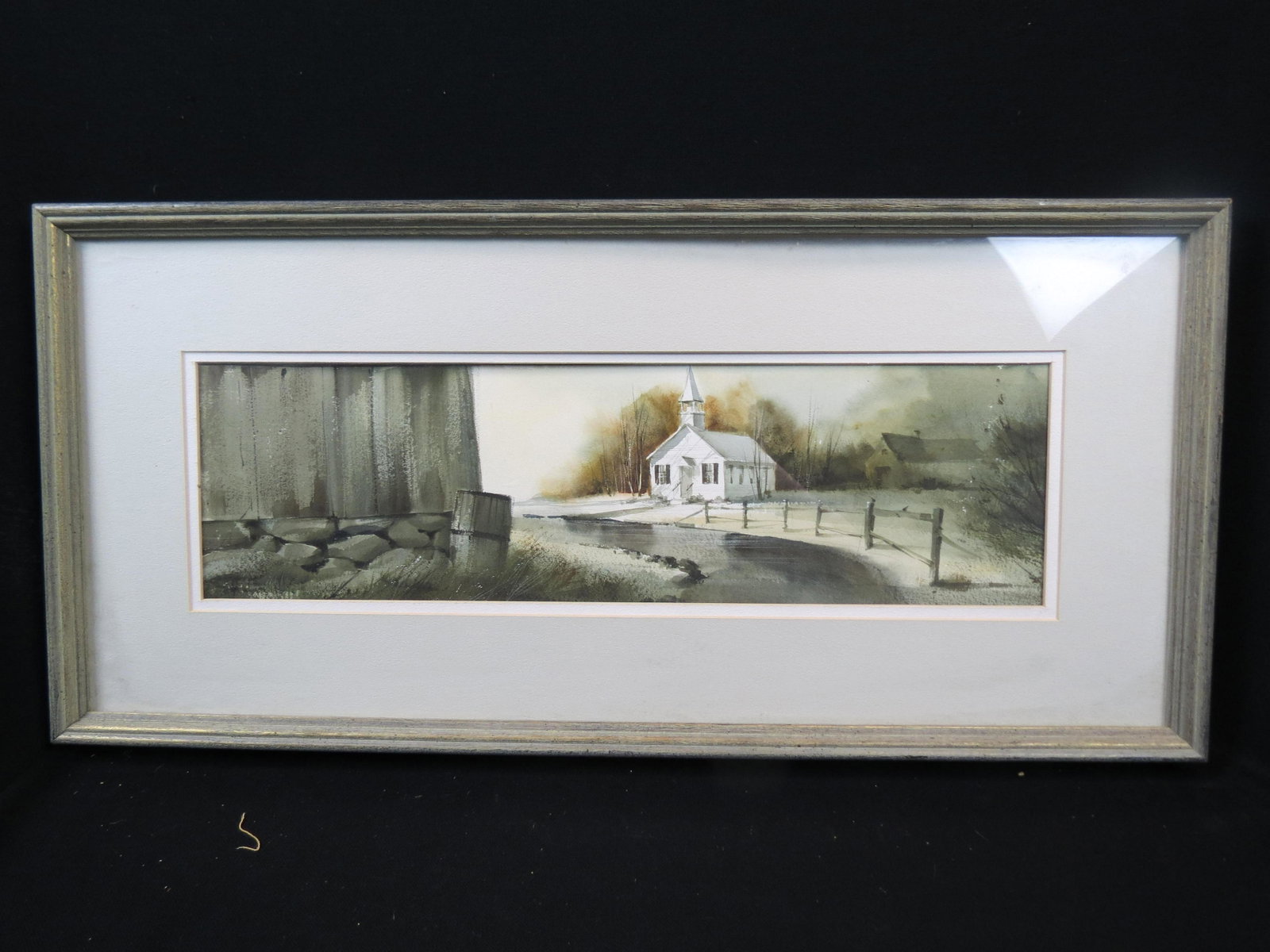 George Bjorkland, watercolor, Church in Winter,: image area 6" X 22" plus mat and frame.....â€œBjorklandâ€™s works are full of spring sunshine, soft and caressing. Several of his landscapes are brown tone with just the faintest beginnings o