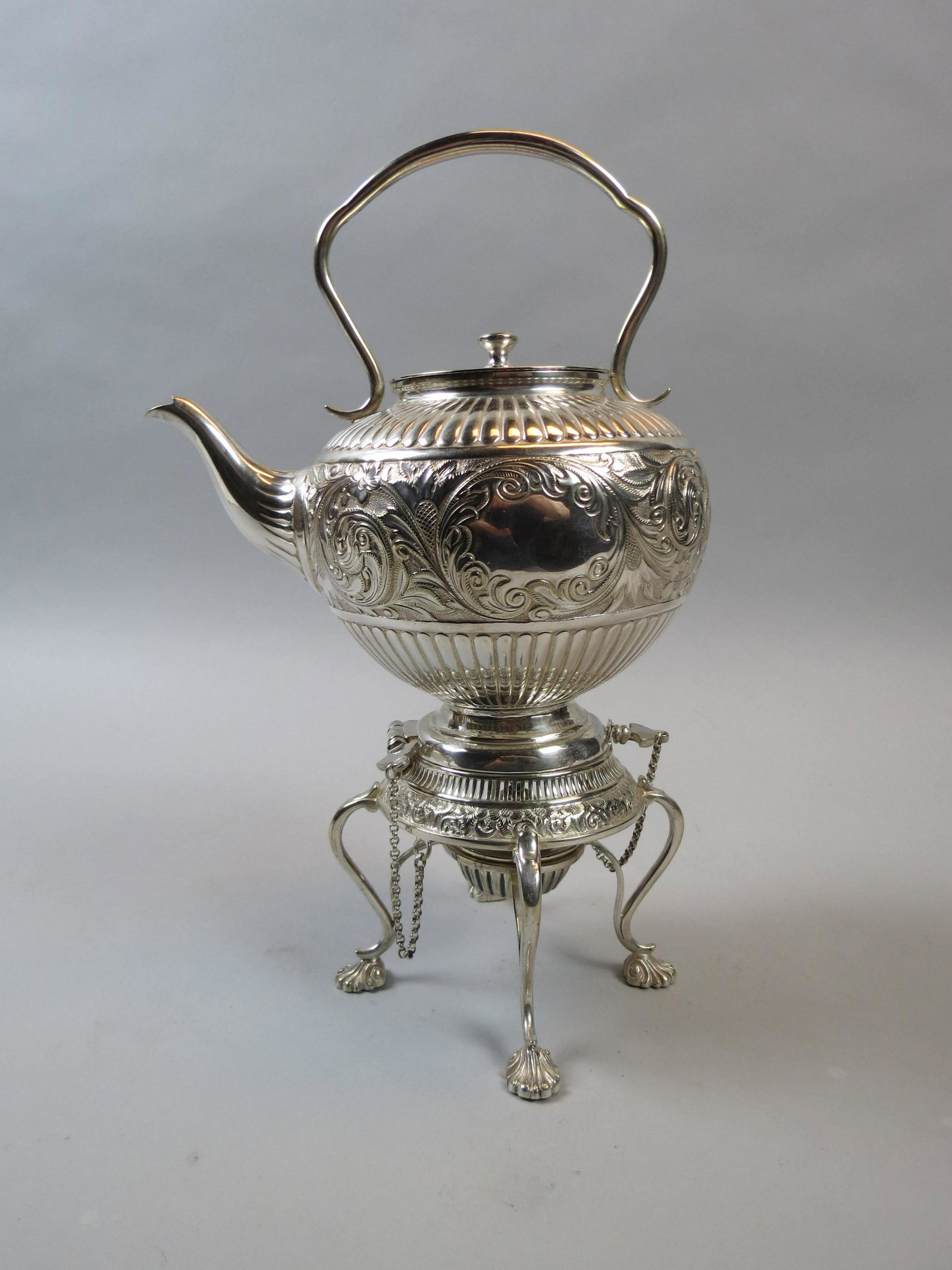 English Silverplate Hot Water Kettle on Stand,: with burner, tilting or lift off, circa 1900, floral band and gadroon designs, overall 12" tall, excellent.