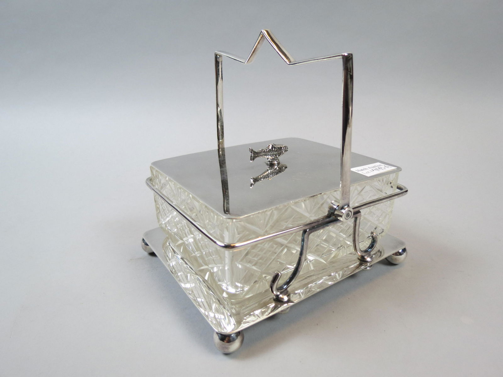 English Silverplate & Crystal Sardine Box,: swing handle, 4 1/2" X 5 1/2", fish on lid, a neat server, excellent.