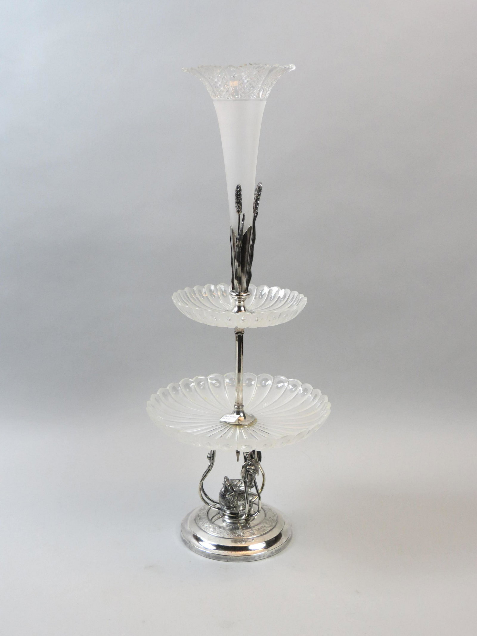 Victorian Silverplate & Cut Glass Epergne,: by Reed & Barton, swan on base, emerging lily top, 10" diameter, 24" tall.