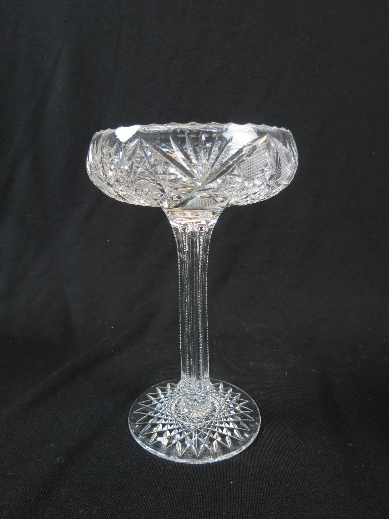 Brilliant Period Cut Glass Tall Compote,: starbursts, diamond and fan designs, zipper cut stem, 6" diameter, 9" tall, excellent.