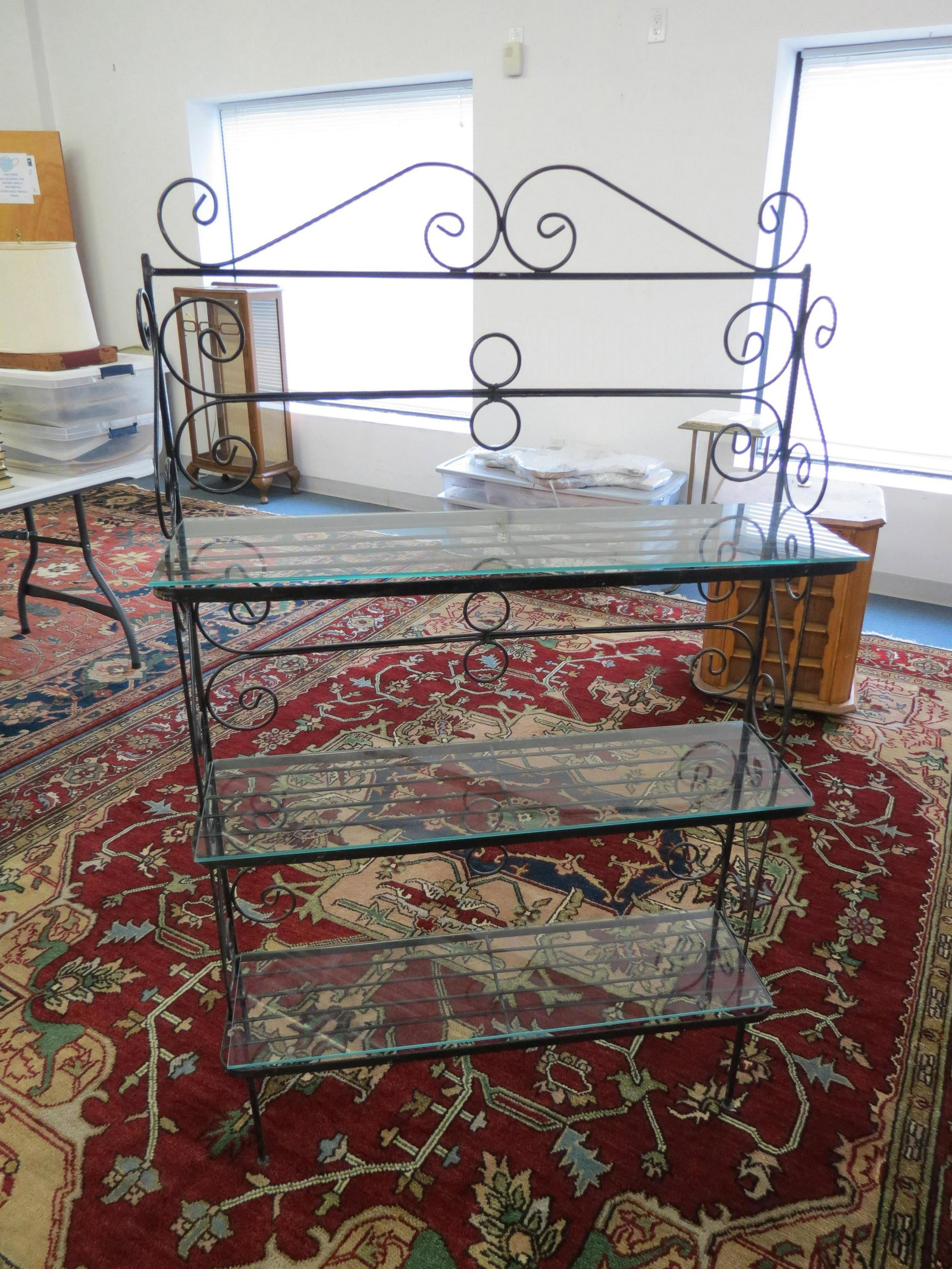 Metal Bakers Rack,: glass shelves (added later). 670" tall, 36" wide, about 10" deep
