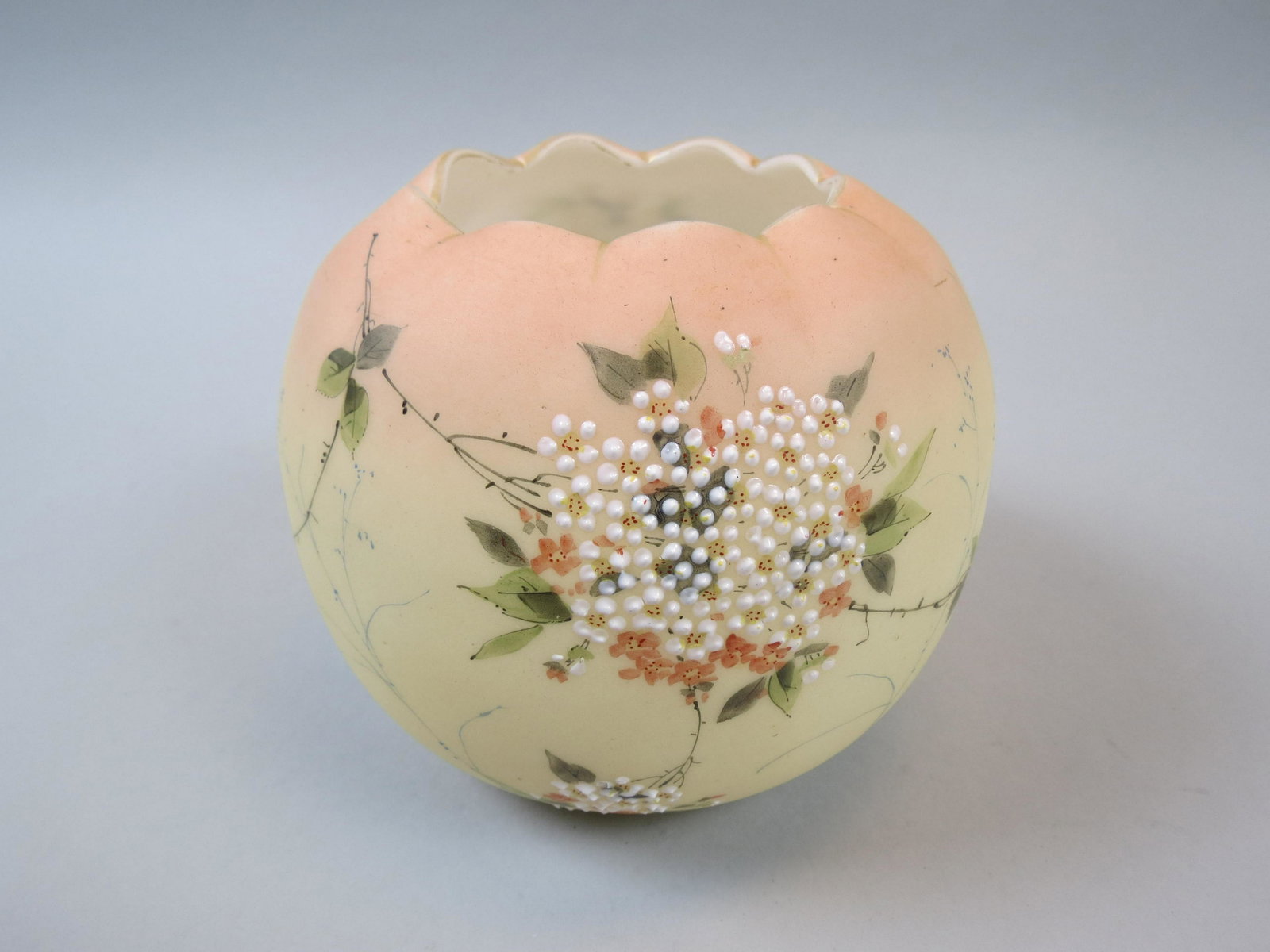 Burmese Enameled Art Glass Rose Bowl,: Victorian, floral, 4 3/4", numbered, excellent.