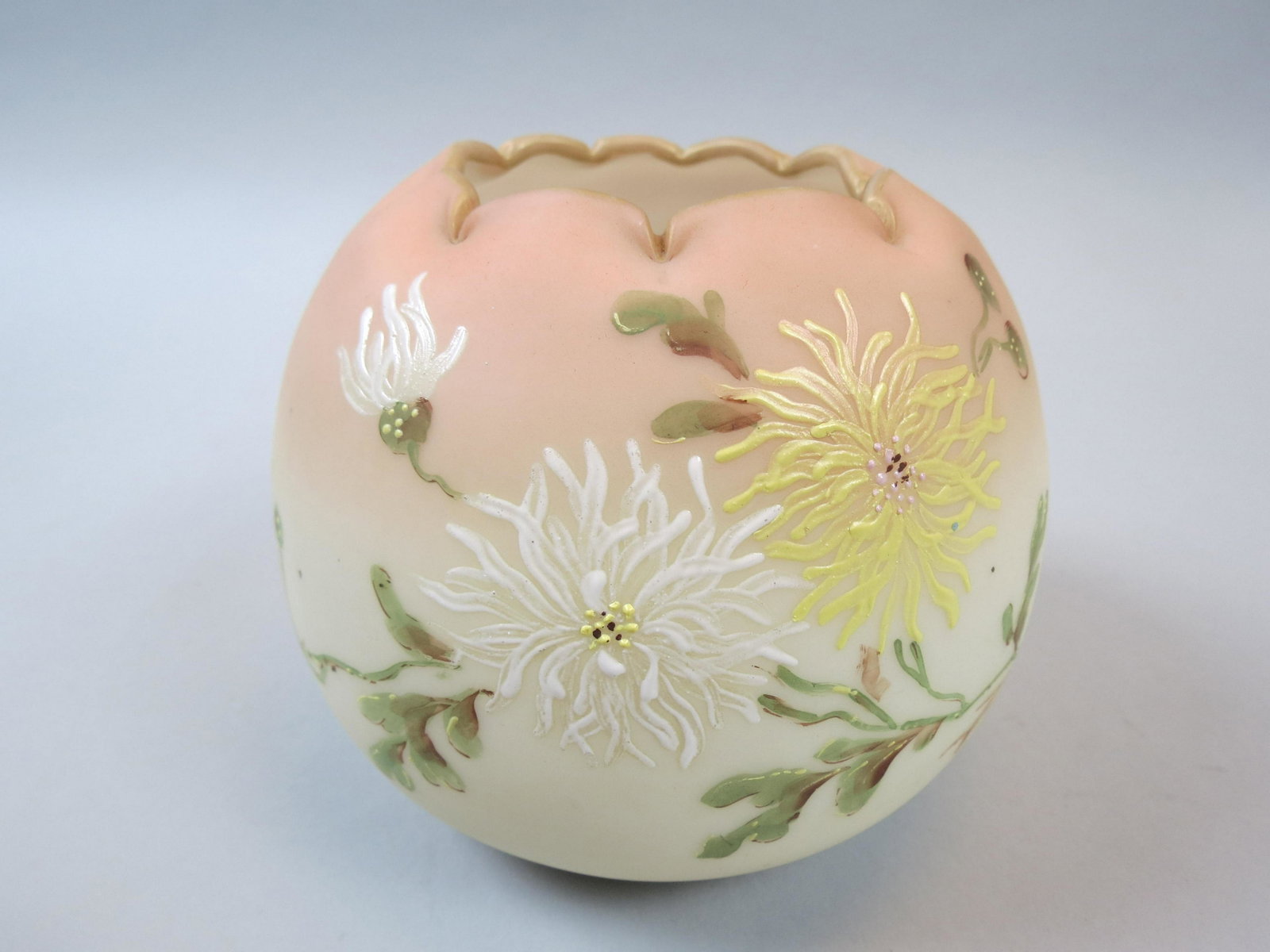 Burmese Enameled Art Glass Rose Bowl.: Victorian, floral, 4 3/4", numbered, excellent.