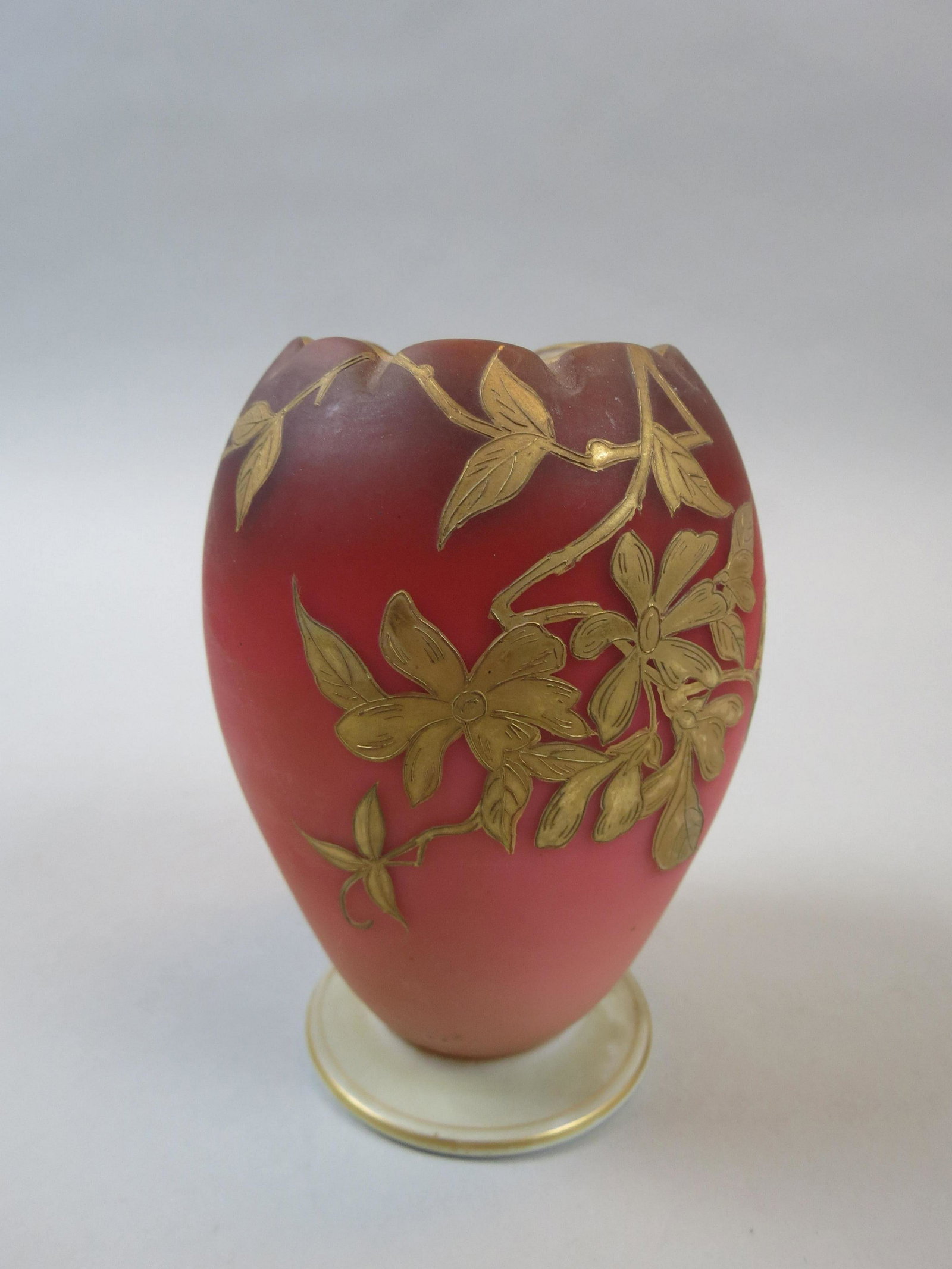 Victorian Burmese Art Glass Rose Bowl,: gold floral on satin, 5 1/2", excellent.