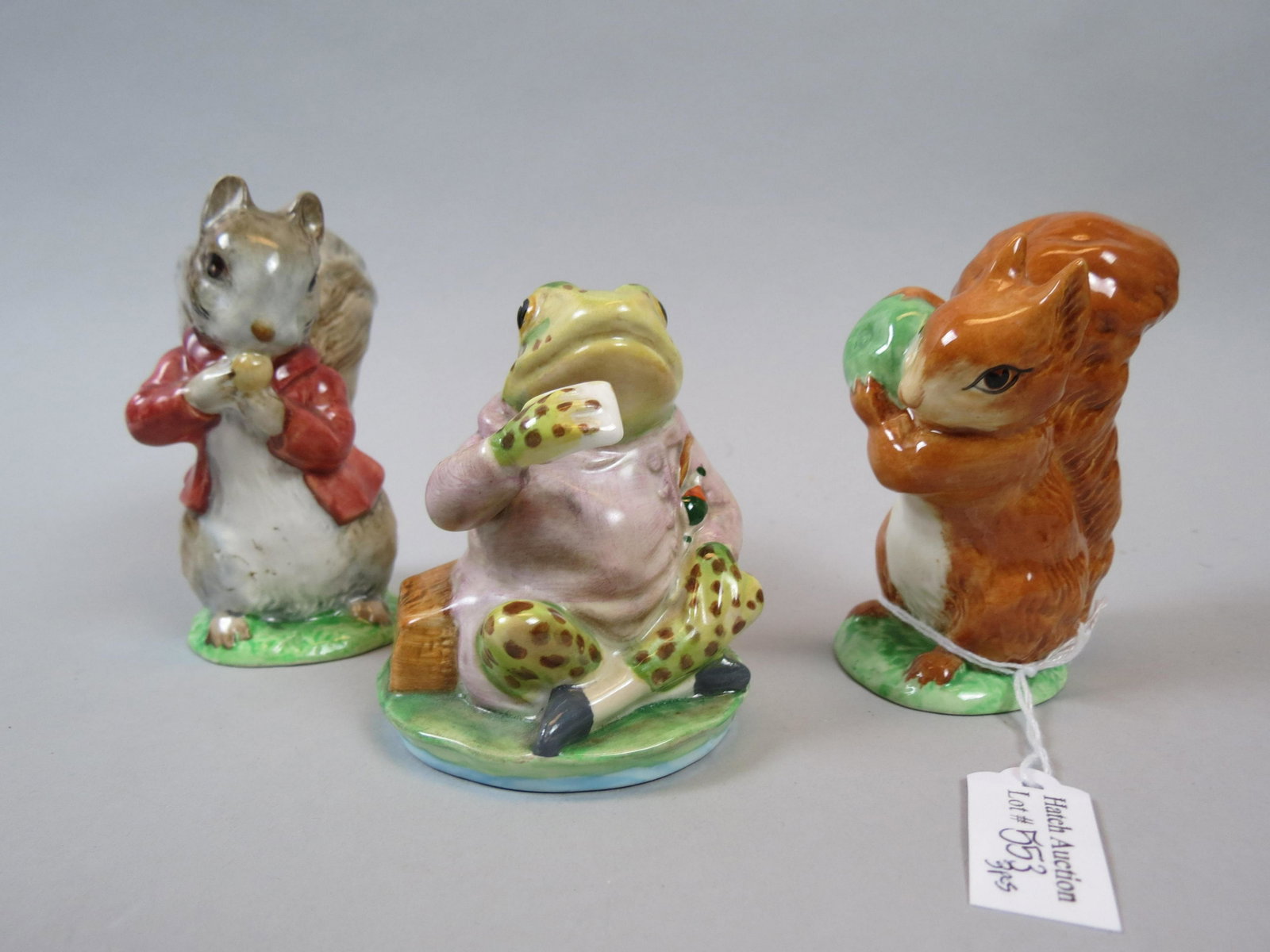 3 Beswick Beatrice Potter Figurines,: Mr. Jeremy Fisher (hand repair), Squirrel Nutkin and Timmy Tiptoes, 3 1/2".