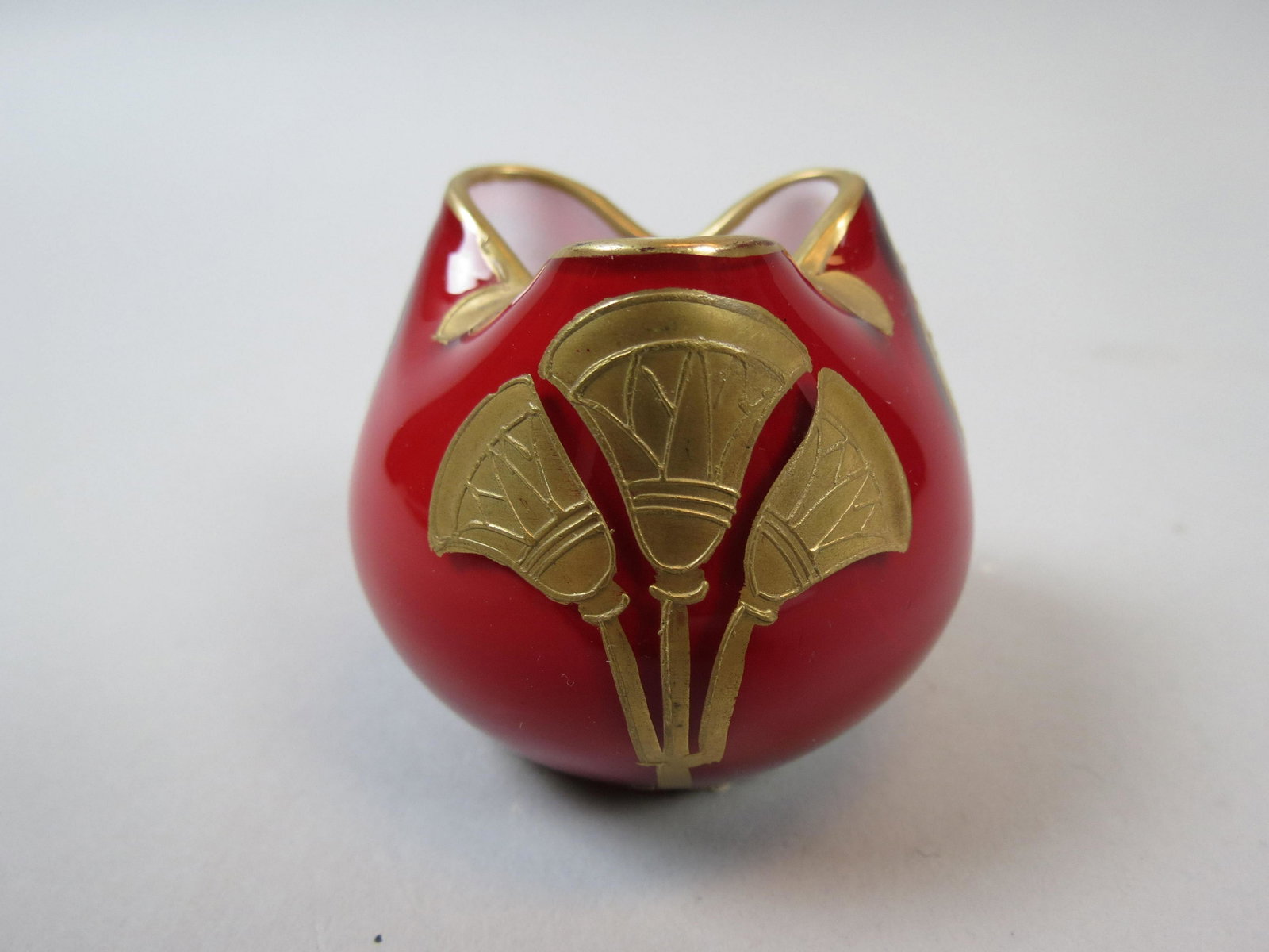 Victorian Art Glass Miniature Rose Bowl,: rich red with gold decoration, white cased interior, 2" tall, excellent.
