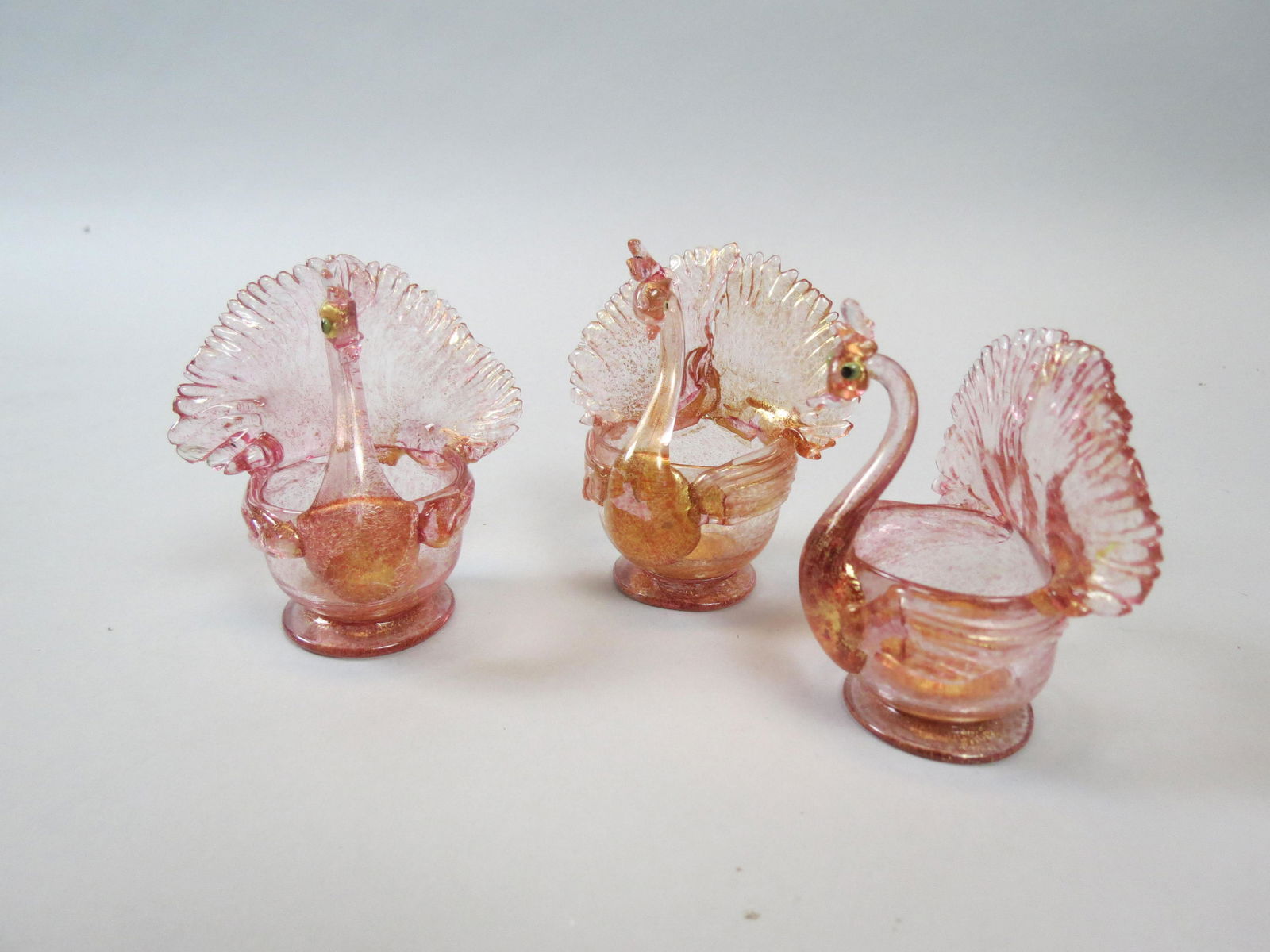 3 Venetian Art Glass Swan Salt Cellars,: pink with gold flecking throughout, 3" tall, excellent.
