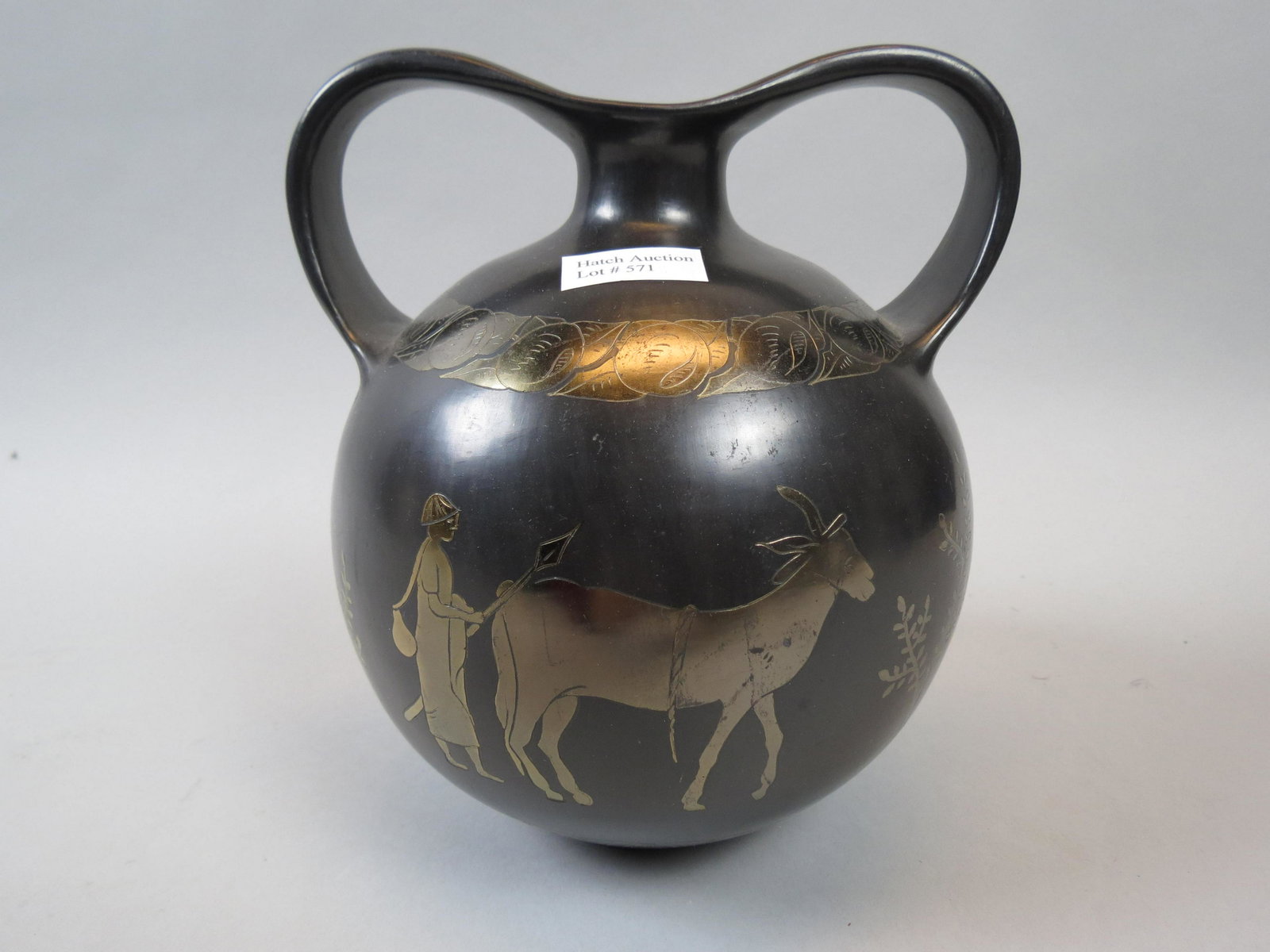 Antonio Russi Greek Pottery Vase,: silver luster scene with farmer and horse, fruit banded trim, handled, 8", Gubbio, 1986, excellent.