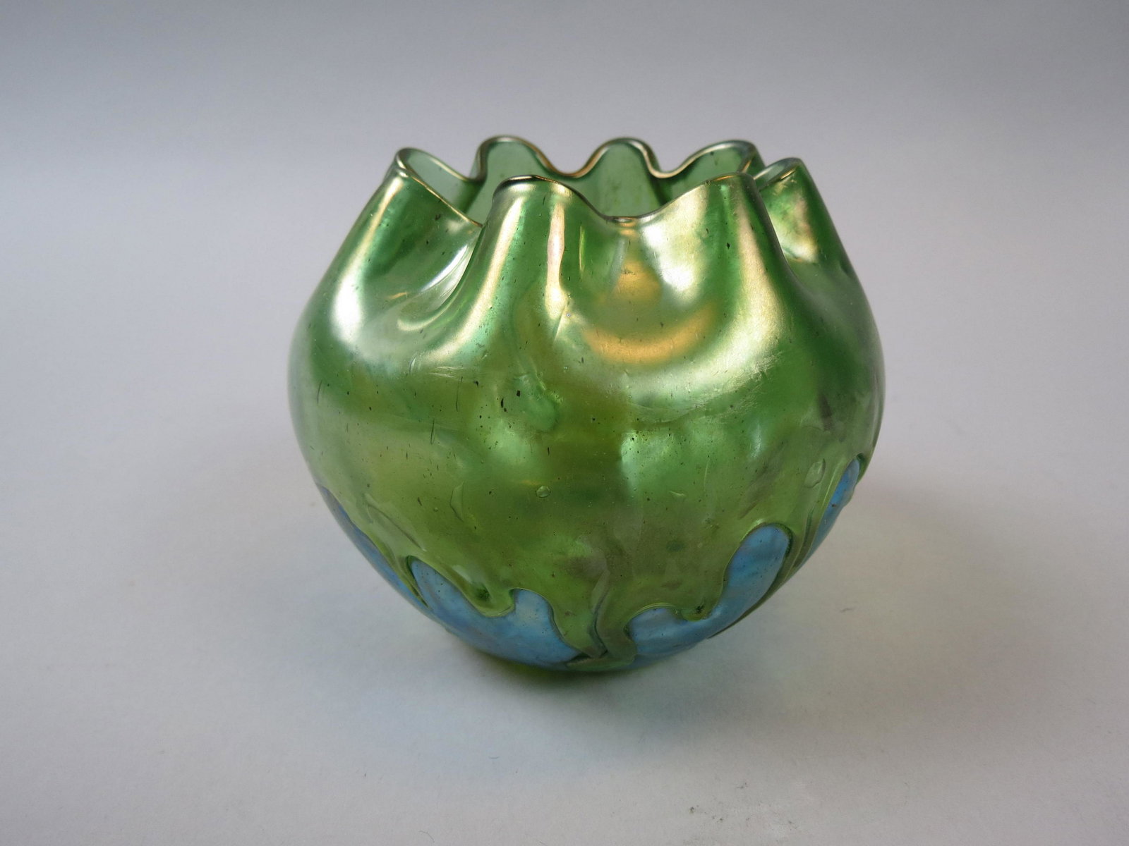 Loetz Art Glass Rose Bowl,: iridescent, green drip style on rich textured blue hues at base, 3 3/4", excellent.