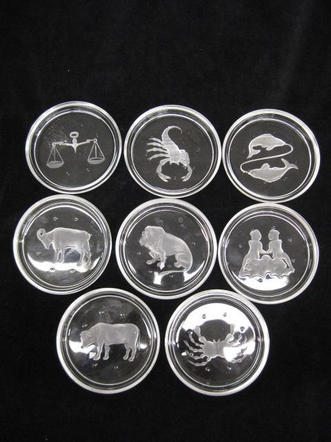 8 Val St. Lambert French Crystal Coasters,: Zodiac signs, 3 1/2" diameter, signed, excellent.
