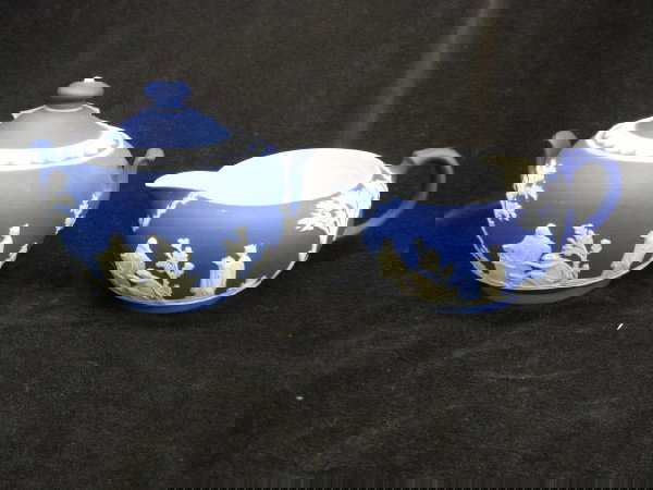 Wedgwood Dark Blue Jasperware Creamer &: Sugar, classical maiden decor, sugar is 4 1/2" diameter.