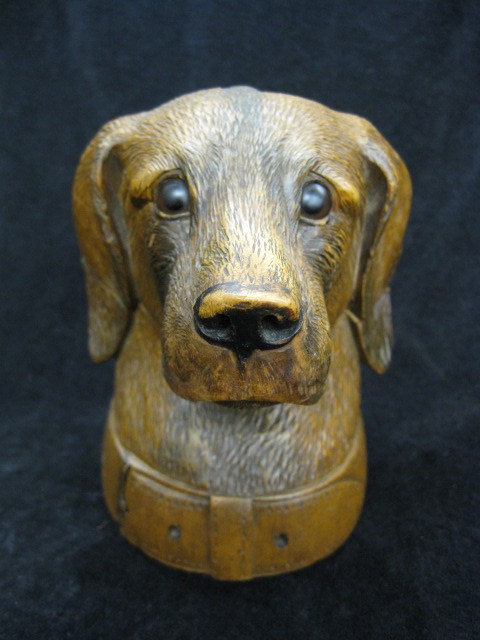 Black Forest Carved Wooden Inkstand of a dog,: hinged, 5 1/4" tall, excellent.