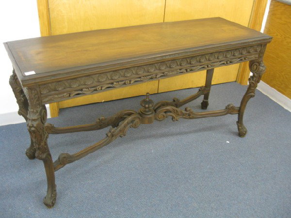 Mahogany Carved Foyer or Sofa Table,: lion heads on legs, paw feet, 31" tall, 60" wide, 20" deep (unopened, double when open).