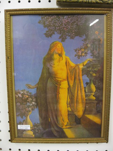 Maxfield Parrish Print,: lady on the garden steps, 9" x 12".