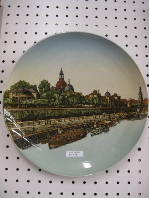 Mettlach Pottery Charger,: Dresden Germany, Bruhlsche Terrasse, 19th century, 12" diameter.