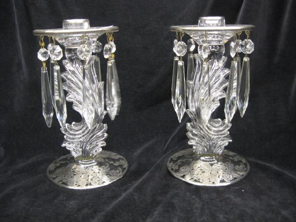 Pair of Silver Overlay Candlesticks,: Fostoria or Cambridge, with teardrop prisms, 7 1/2", excellent.