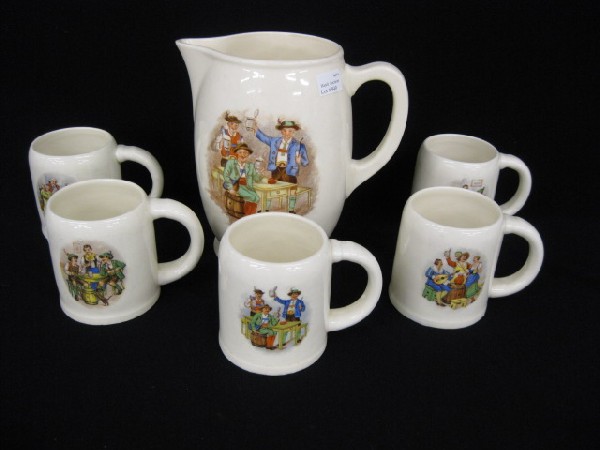 Erphila Czechoslovakia Art Pottery Pitcher: & 5 mugs, various tavern scenes.