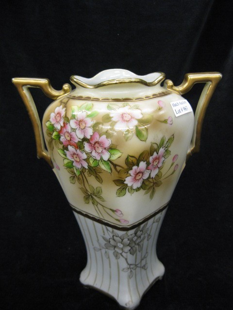 Nippon Handpainted Porcelain Vase,: deco style floral & panel decor, 8 1/4".