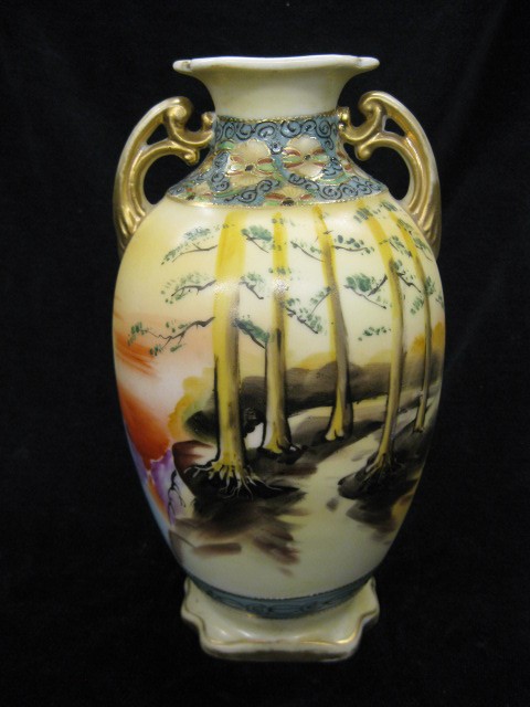 Nippon Handpainted Porcelain Vase,: landscape with sunset & trees, 8 1/2".