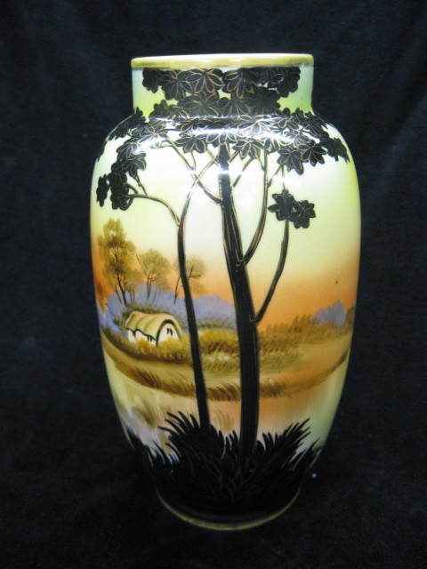Nippon Handpainted Porcelain Vase,: sunset farm scene, 7 1/2".