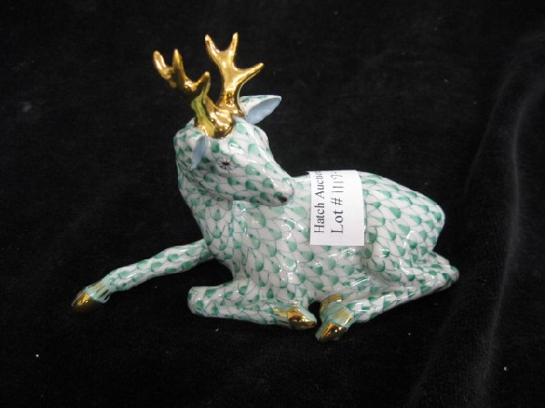 Herend Porcelain "Fishnet" Figurine,: stag, lying back, green, 5" long, 3 1/4" tall, excellent.