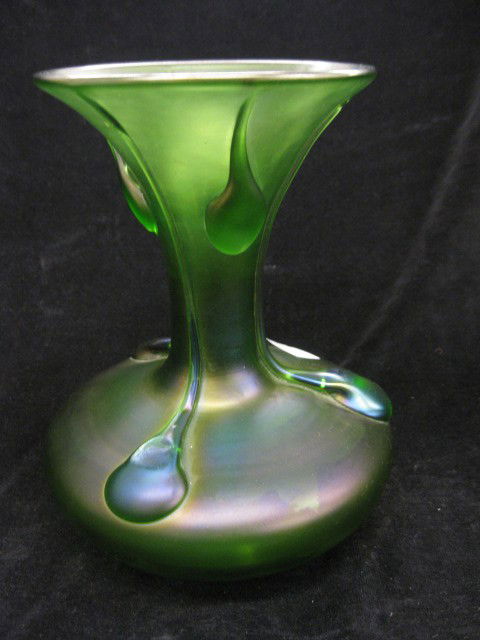 Loetz Art Glass Vase, Applied Tadpole: style decoration on iridescent green, 8" tall, 6 1/2" diameter, excellent.