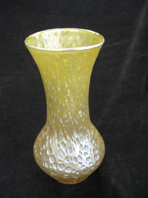 Loetz Type Art Glass Vase,: aquatic bubble style decor on iridescent yellow green, 9", excellent.