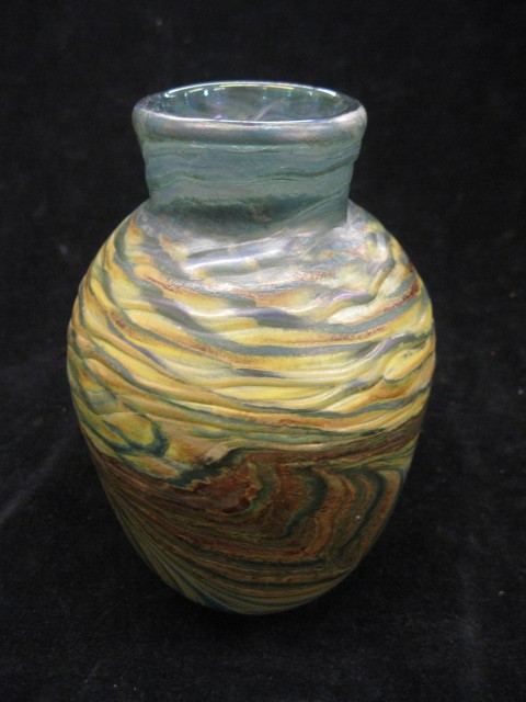 D.H. Smith Art Glass Vase,: swirling iridescent pulled feather, 6 1/2", signed, excellent.