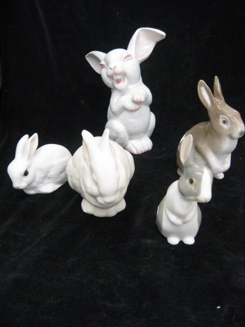 Collection of 5 Rabbit Figurines: including Cybus, Rosenthal, B & G and Nao, tallest is 6", excellent.