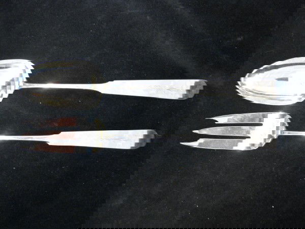 Old Newbury Crafters Sterling Salad Set,: long handled fork & spoon, Arts & Crafts era, 12 3/4"long, monogram.