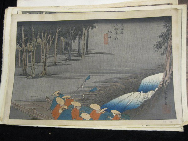 5 Japanese Woodblock Prints,: including Hiroshi Yoshida woodblock "Temple in the Wood", "Edo Castle", "Farm House", & others, unframed.