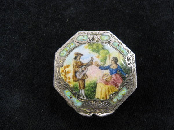 Italian Enameled Silver Pill Box,: courting scene, hexagon, .800 fine, 1 1/2".