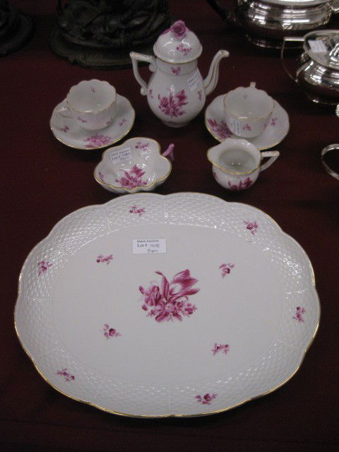 8 pcs. Herend Porcelain "Tea for Two" Set,: teapot, 2 cups, 2 saucers, tray, creamer & open sugar, burgundy floral, basketweave border, gold trim, early mark, excellent.