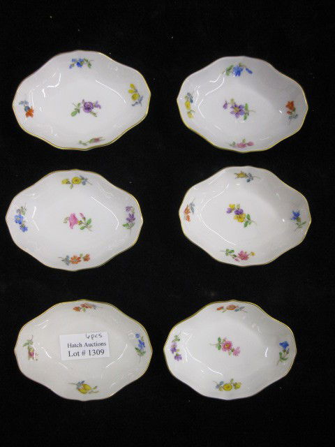 Set of 6 Meissen Porcelain Open Salt Cellars,: oval, 2 1/2" x 3 1/4", crossed swords mark, excellent.
