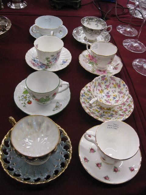 8 Fine China Cups & Saucers,: includes Chintz, footed, Royal Albert, bone china & more.